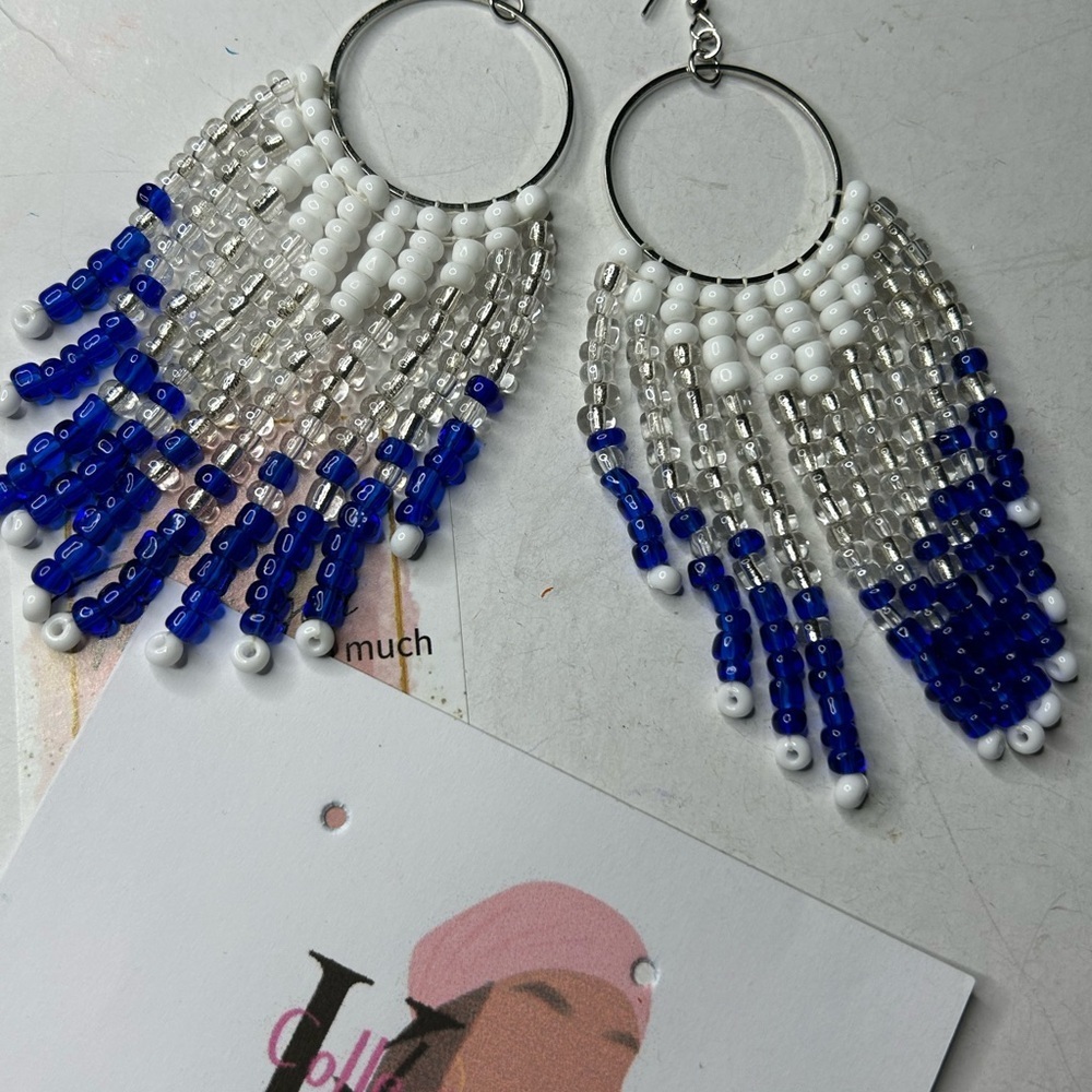 Blue & White Beaded Hoop Fringe Earrings